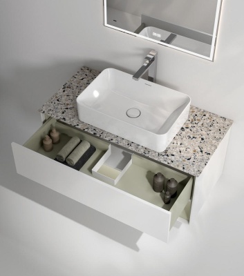 Тумба Plaza Modern/Плаза Модерн подвесная 100, нажимное открывание, 1 ящик, подсветка, белая матовая+шалфей