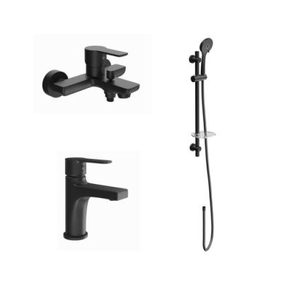 Комплект для ванной комнаты СОНАТА с душевым гарнитуром, смесителем для ванны и смесителем для раковины, черный Комплект для ванной комнаты СОНАТА с душевым гарнитуром, смесителем для ванны и смесителем для раковины, черный