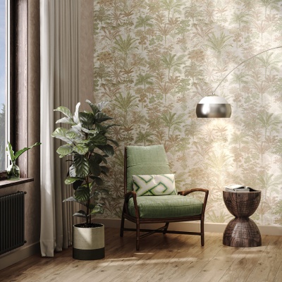 Обои виниловые Оазис мотив, бежевый, зелёный Обои виниловые Оазис мотив, бежевый, зелёный