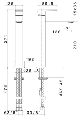 Смеситель для раковины FUTURA однорычажный высокий без донного клапана 3/8, хром Смеситель для раковины FUTURA однорычажный высокий без донного клапана 3/8, хром