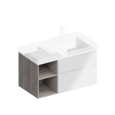 Тумба CUBO правая подвесная с ящиками 90, белая глянцевая-древесная